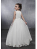 Ivory Satin Tulle Eyelash Lace Trim Flower Girl Dress With Decorated Buttons